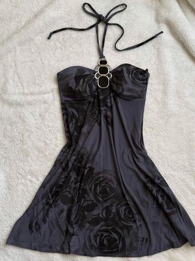 vintage 90s Vanity black and grey floral halter dress with jewel necklace